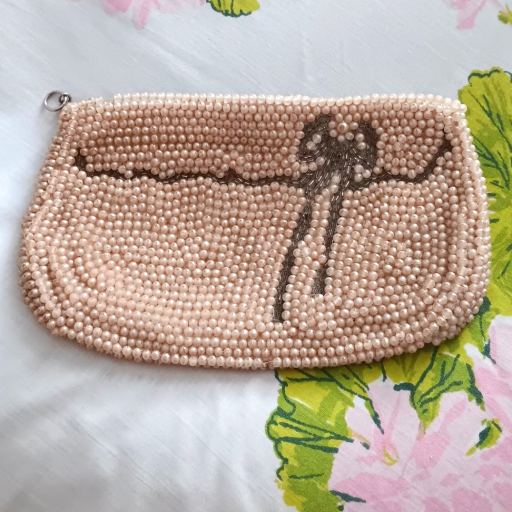 Elegant Beaded Clutch in Cream and Silver
